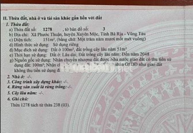Lô đất Xuyên Phước Cơ, sát bến xe Xuyên Mộc, 155m2 có sẵn 100m2 thổ cư