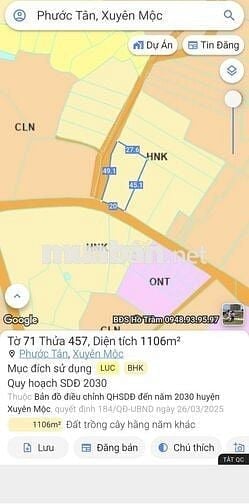Chính chủ bán lô đất Phước Tân, Xuyên Mộc giá ưu đãi 5,5 tỷ - 1105,5m2