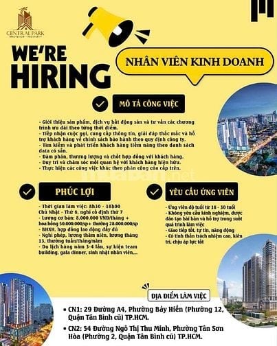 CENTRAL PARK TUYỂN DỤNG VỊ TRÍ CHUYÊN VIÊN TƯ VẤN