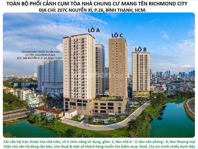 CĂN hộ 2p. ngủ, 2P.VS. tòa nhà richmond city 207c Nguyen Xi p.26  BT.