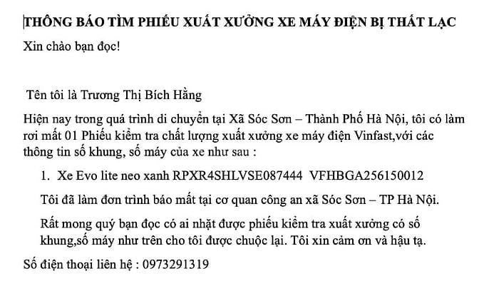 Thông báo tìm phiếu xuất xưởng XMĐ bị thất lạc