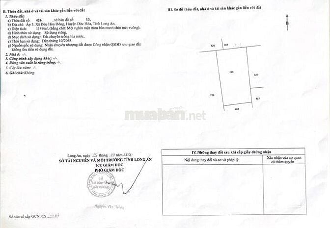 Bán đất Đức Hòa Đông, mặt tiền lớn, 1424m², giá 7 tỷ (TL)
