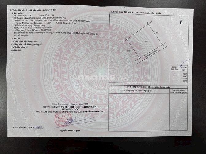  Bán đất xã An Phước, Long Thành: 31 x 33,5m = 1.011m2, giá 7,5 tỷ