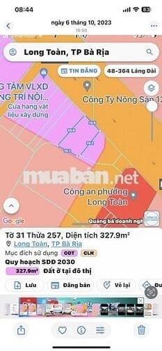 Cần bán 328m2 đất thổ cư mt đường CMT8-ĐT44 phường Bà Rịa-Tphcm