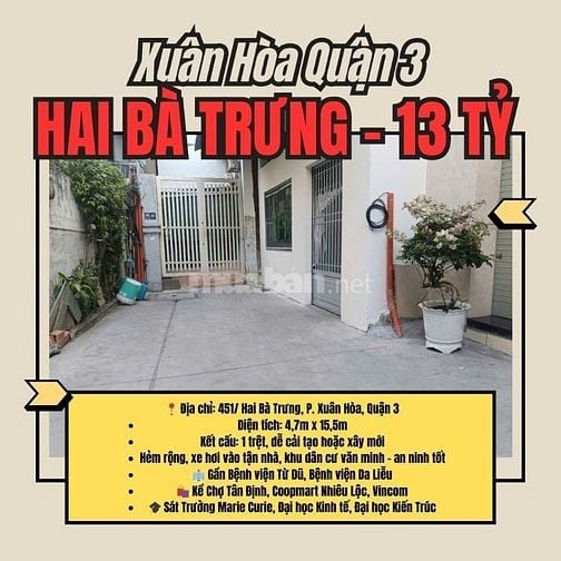 Bán Nhà HxH Hai Bà Trưng, P. Xuân Hòa, Quận 3, DT: 4,7x 15,5m= 70m 13T