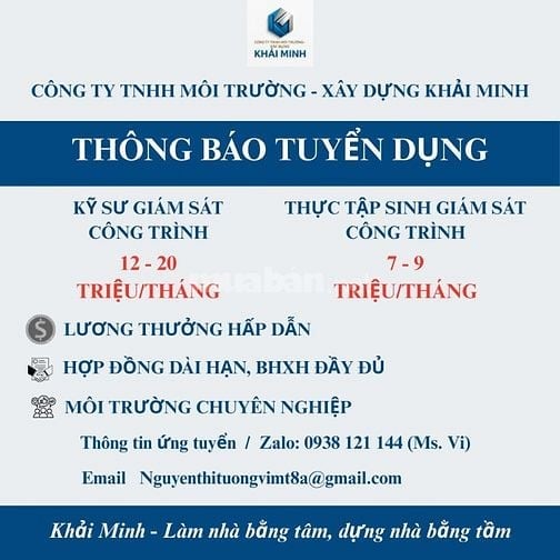 Khải Minh tuyển Kỹ sư & Thực tập sinh Giám sát Công trình