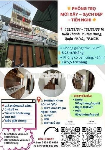 CHO THUÊ PHÒNG - NHÀ MỚI XÂY – Q.10 – TỰ DO GIỜ GIẤC