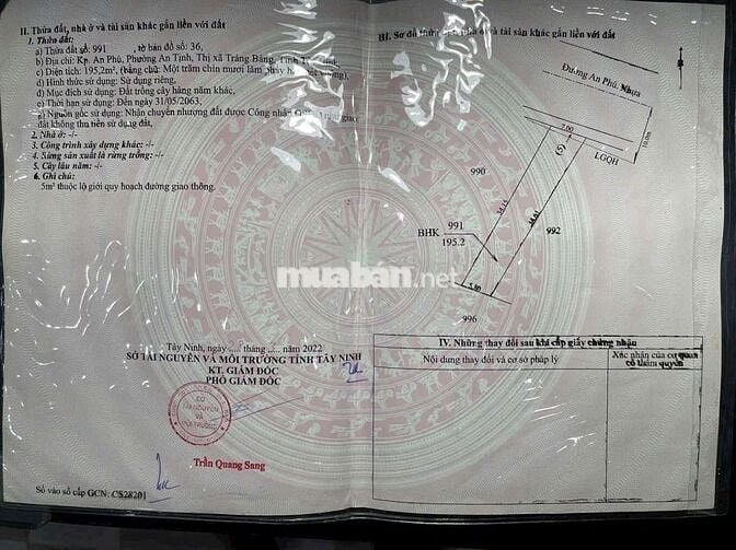 Đất MT đường An Phú An Hoà Trảng Bàng Tây Ninh. Giá 980trieu/195m2 SHR