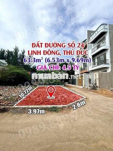 BÁN ĐẤT 2 MẶT TIỀN ĐƯỜNG SỐ 24, LINH ĐÔNG, THỦ ĐỨC – DT 63.3M² – GIÁ 4