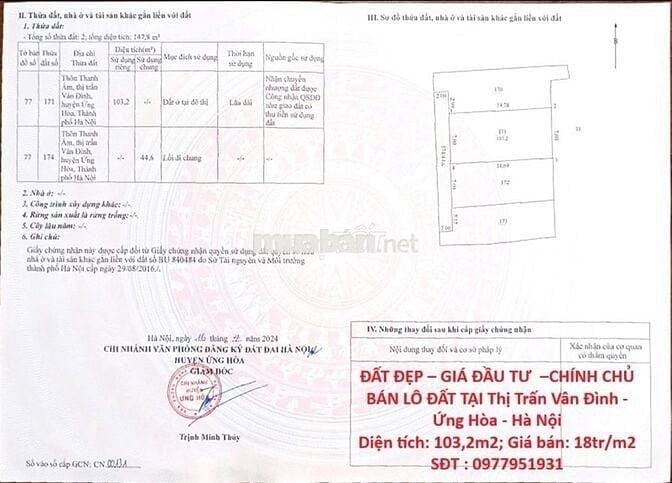 CHÍNH CHỦ BÁN LÔ ĐẤT TẠI Thị Trấn Vân Đình - Ứng Hòa - Hà Nội