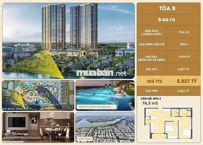 Căn hộ 76m2, 2PN dự án Masteri Rivera