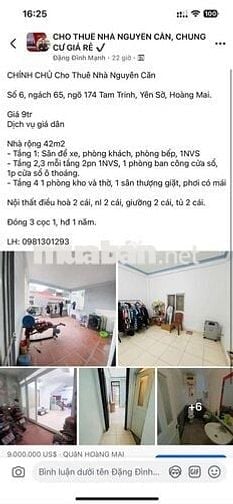 Chính chủ cho thuê nhà nguyên căn