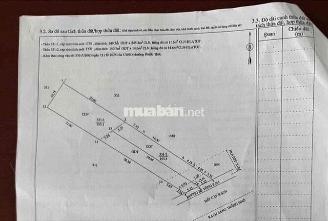 Nền Cầu Sang Trắng 1 - 5,5m x 55m  có 149m2 thổ cư + 245m2 CLN