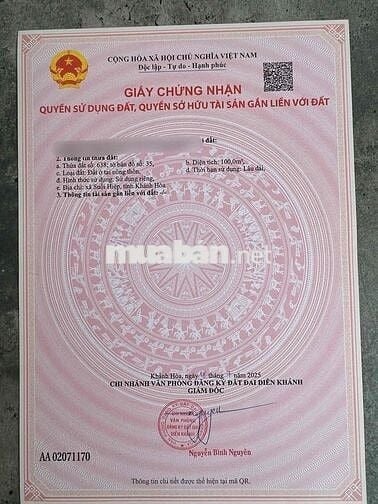 Đất Suối Hiệp gần QL1A dt 100m full thổ cư giá chỉ 690tr, sổ hồng