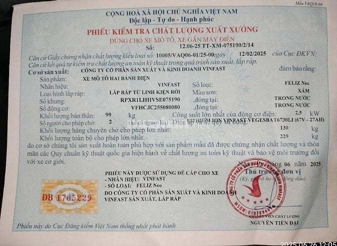Tìm giấy tờ : PHIẾU KIỂM TRA XUẤT XƯỞNG  moto, xe máy điện VINFAST