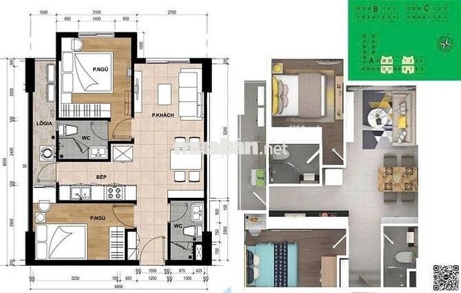 Bán căn hộ 2Pn 57m2 - Chung cư Samsora, đầy đủ nội thất: 1ty5
