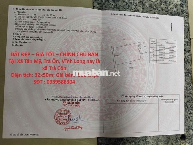 CHÍNH CHỦ BÁN TẠI Xã Tân Mỹ, Trà Ôn, Vĩnh Long nay là xã Trà Côn