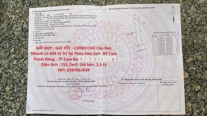 CHÍNH CHỦ Cần Bán Nhanh Lô Đất Vị Trí Tại TP Cam Ranh, Tỉnh Khánh Hòa