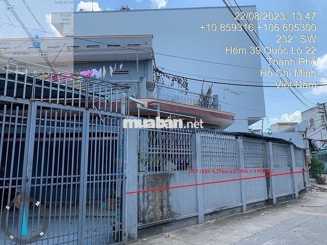 Bán Nhà 2 tầng 195,9m2 hẻm Oto QL22, số 25/4 Ấp Trung Chánh 2, Hóc Môn