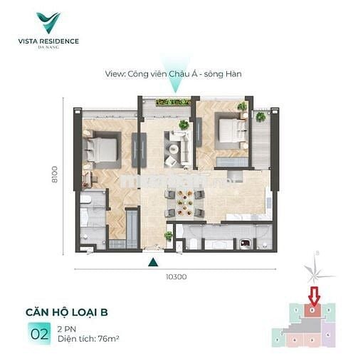 Cặn hộ trung tâm thành phố Đà Nẵng 2 PN, 76m2 dự án Vista Residence