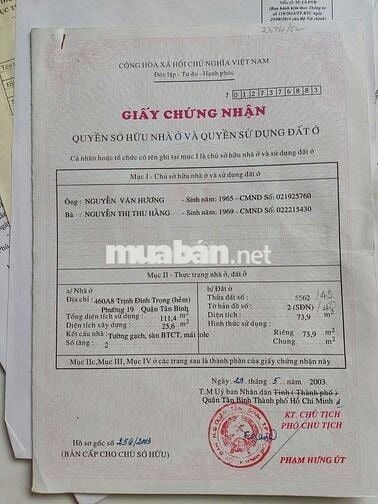 Bán nhà 2 mặt hẻm xe hơi 104/53 trịnh đình trọng