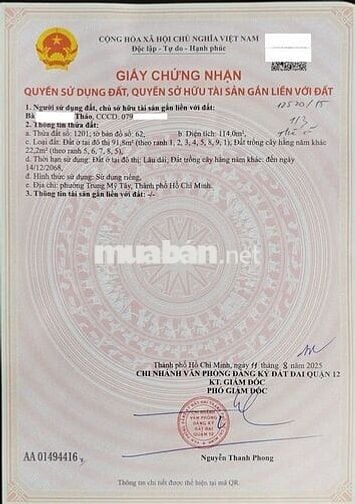 Bán đất thổ cư 114m2, Đường Huỳnh Thị Hai, P. Trung Mỹ Tây (TCH cũ).