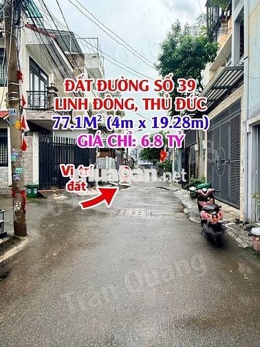 BÁN ĐẤT ĐƯỜNG 39, LINH ĐÔNG – 77.1M² (4x19.28m) – GIÁ 6.8 TỶ