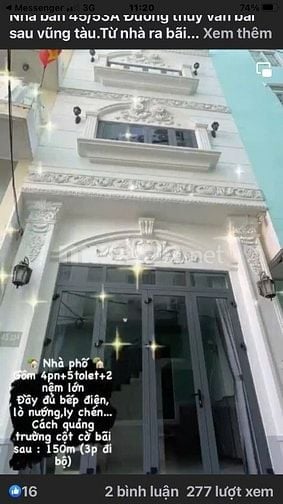 Nhà bán 49,5m2, 4 phòng ngủ, bãi sau đường Thùy Vân, TP Vũng Tàu