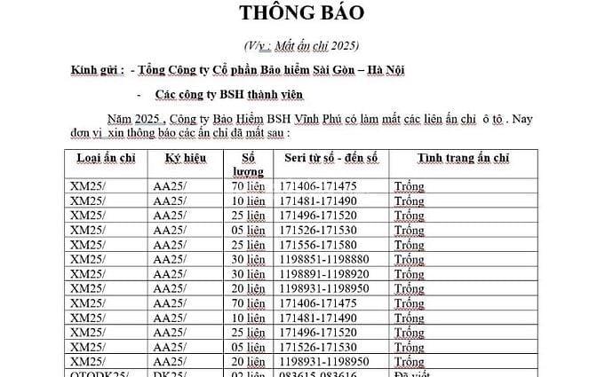 CÔNG TY BẢO HIỂM BSH VĨNH PHÚ thông báo mất ấn chỉ 2025