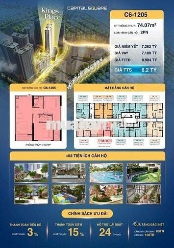 Căn hộ 74m2 2 PN Capital Square Trần Hưng Đạo
