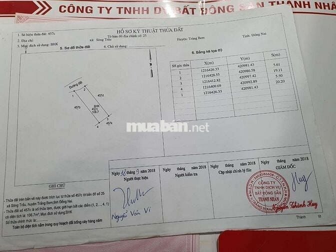 Bán đất Sông Chầu trảng bom Đồng nai giá 106 tr
