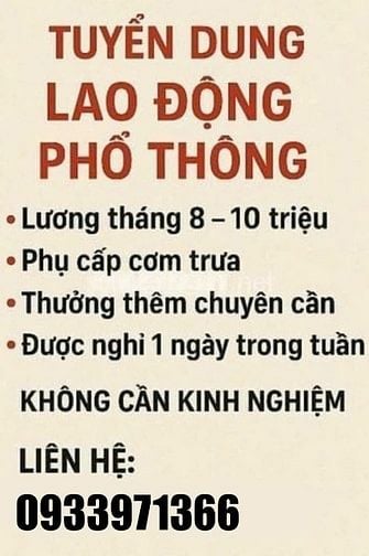 TUYỂN GẤP 03 LAO ĐỘNG PHỔ THÔNG _ ĐI LÀM NGAY