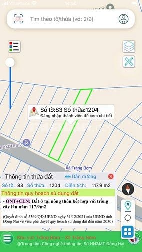 Đất ở 117,9m² - xã Trảng Bom, tỉnh Đồng Nai- Giá 890 triệu - Gần Nguyễ