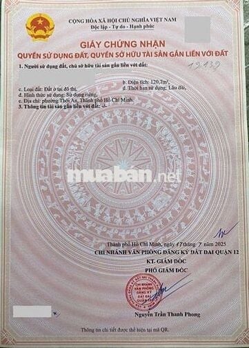 Bán đất thổ cư MTNB 8m VõThịPhải(Q.12). Sổ hồng (8x15)120m2. 7,5tỷ TL