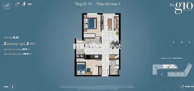 Chính chủ bán The Gió view sông 2pn chưa tới 48tr/m2 tất cả thuế phí.