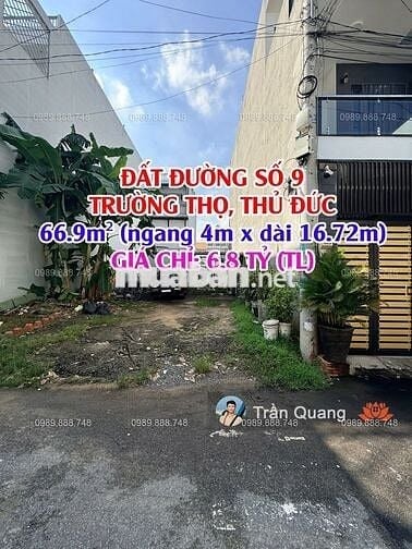 BÁN ĐẤT ĐƯỜNG SỐ 9, KHU DC APEC – P. TRƯỜNG THỌ – 66.9M² – GIÁ 6.8 TỶ