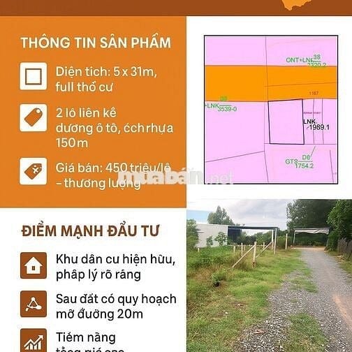 ĐẤT THỔ CƯ .5X 31 ,ĐƯỜNG OTO 450 TRIỆU PT