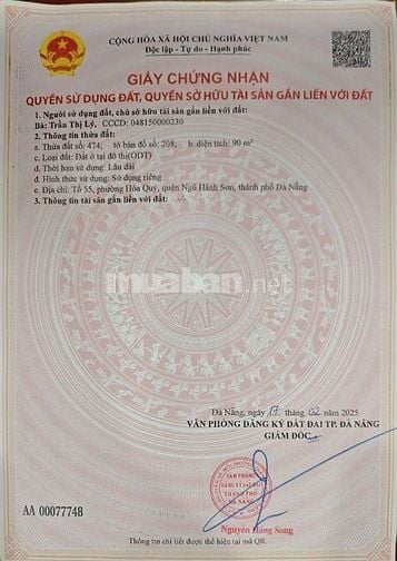 90m2/1,95 tỷ Kiệt Lưu Quang Vũ,H:Tây. Gần chợ khái Tây