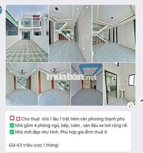 CHO THUÊ NHÀ XÃ THẠNH PHÚ VĨNH CỬU GIÁ 4,5 TRIỆU
