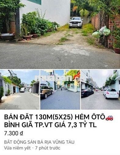 Bán đất 130m(5x25) hẻm ô tô BÌNH GIÃ TRUNG TÂM VŨNG TÀU GIÁ CHỈ 7,3 TỶ