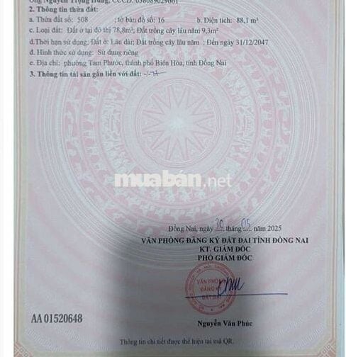 Đất Tam Phước Chính Chủ Cần Bán Hỗ Trợ Vay Ngân Hàng