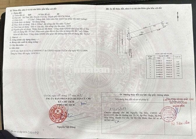 Chủ kẹt tiền cần bán gấp lô 1 sẹc TL7, Thái Mỹ, DT 173m2 giá 600tr SHR