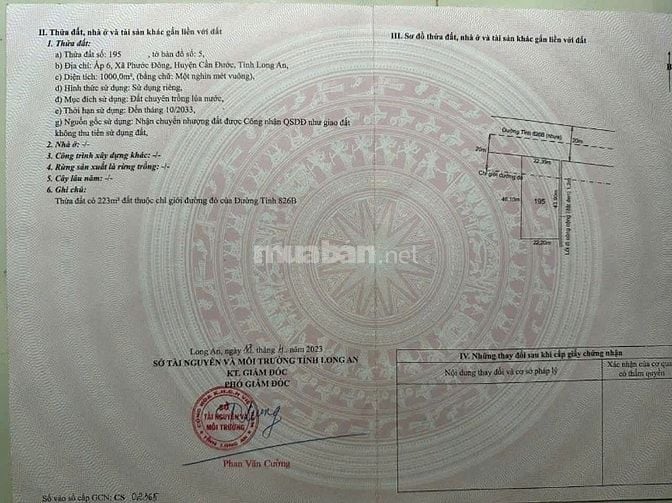 CHR CẦN BÁN GẤP 1000M2 ĐÁT LÚA, MT ĐƯỜNG 826B, PHƯỚC ĐÔNG