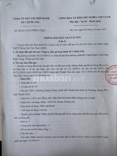 Công ty đấu giá hợp danh Số 1 Quốc Gia thông báo bán đấu giá tài sản