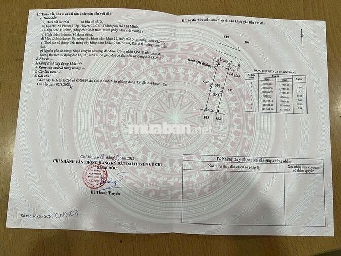 Bán gấp lô Đ.Cây Trôm Mỹ Khánh, Phước Hiệp, DT 110m2 giá 1,9 tỷ, SHR