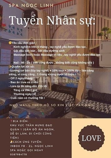 Tuyển kỹ thuật viên spa , nail 