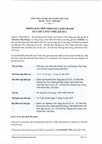 THÔNG BÁO MỜI CHÀO GIÁ / MỜI NHÀ THẦU THAM GIA KHẮC PHỤC MÁY