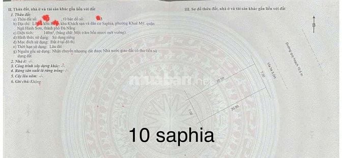 19tỷ/140m2.Đất đường  10,5M ,khu SaPhia, nhìn ra Biển Sơn Thủy .H:Đông