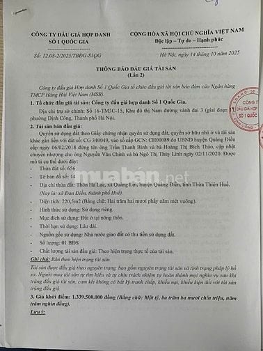 CÔNG TY ĐẤU GIÁ HỢP DANH SỐ 1 QUỐC GIA THÔNG BÁO BÁN ĐẤU GIÁ TÀI SẢN 