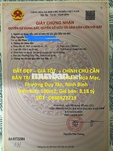 CẦN BÁN TẠI Khu Đô Thị Chợ Mới Hoà Mạc, Phường Duy Tân, Ninh Bình